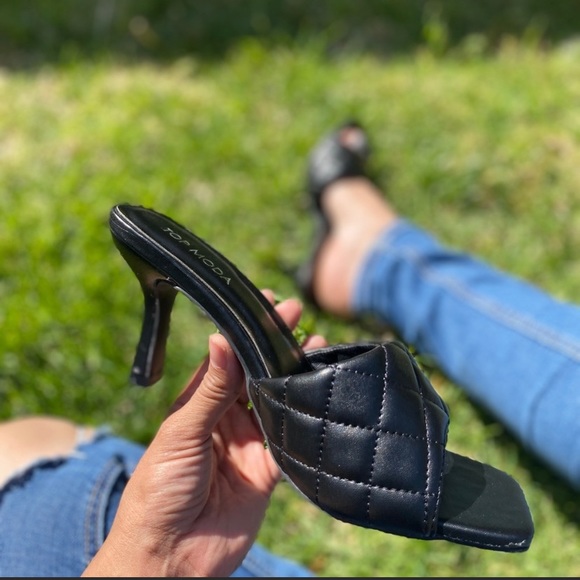 Quilted Stiletto Kitten Heels and Square Toe Mules Sandals - Picture 5 of 6